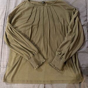 Women's Olive Green Pleated Front Long-Sleeve Blouse with Smocked Cuffs